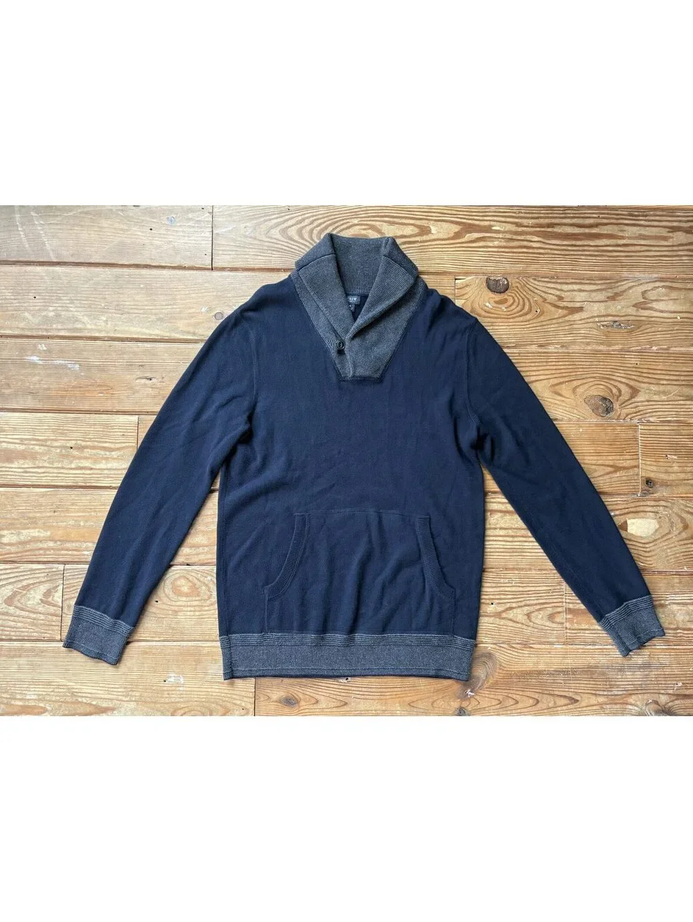 J.Crew Men's Shawl Collar Pullover Sweater Navy Gray 100% Cotton Size S